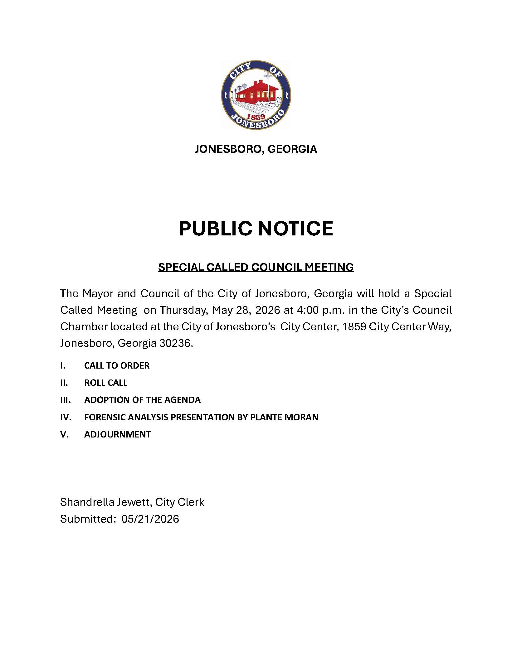 PUBLIC NOTICE - SPECIAL CALLED COUNCIL MEETING